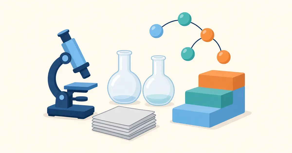 Illustration of a microscope, two empty flasks, a stack of papers and a three-step staircase of coloured blocks, with a floating bead-chain molecule.