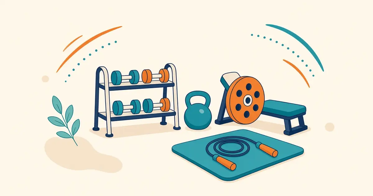 Illustration of a dumbbell rack, a kettlebell, a weight plate on a bench and a jump rope on a mat.