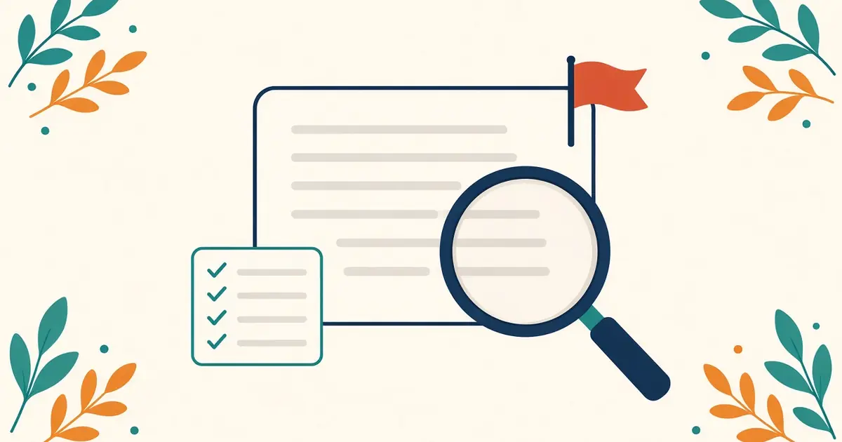 Illustration of a blank card with grey placeholder lines, a magnifying glass, a checklist with ticks and a small red flag.