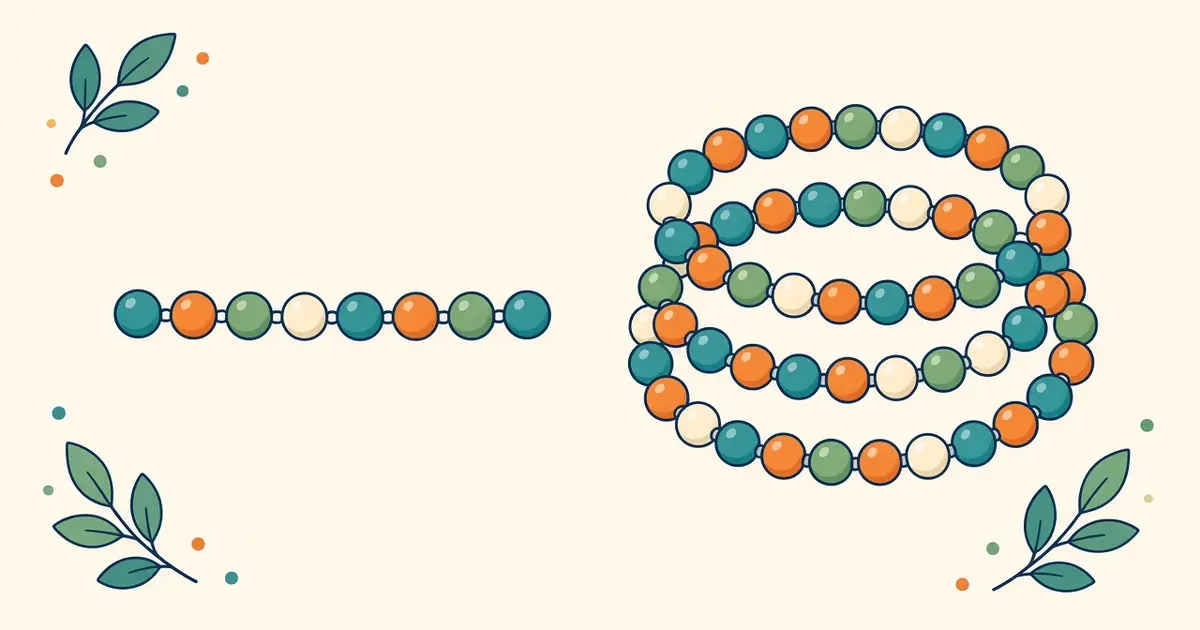 Flat illustration of a short chain of eight colored beads next to a much longer, folded chain of many beads, with small leaves around the edges.