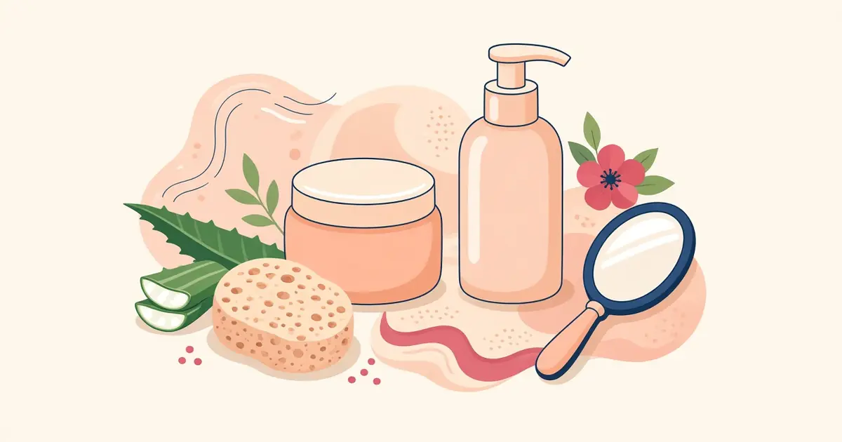 Illustration of a plain jar, a plain pump bottle, a sponge, a hand mirror, an aloe leaf and a flower on soft peach shapes.